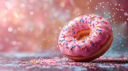  Donut with pink frosting and sprinkles on a table in a pink and blue blurred background