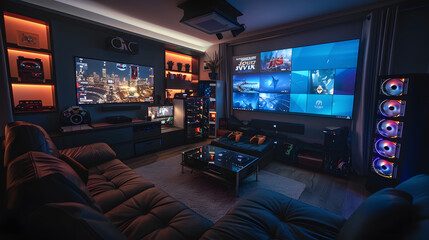 A modern man cave equipped with the latest tech gadgets and a large flat-screen TV for the ultimate gaming experience.