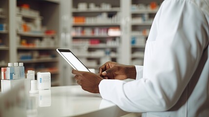Pharmacist hands holding tablet on drug shelves background, pharmacy, pharmaceutical warehouse, order assembly
