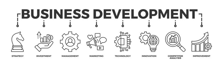 Business development banner web icon vector illustration concept with icon of strategy, investment, management, marketing, technology, innovation, competitor analysis, improvement