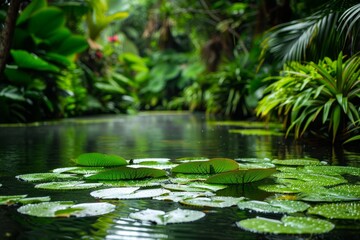 Fototapeta premium Tranquil River Scene with Floating Lily Pads and Lush Tropical Foliage