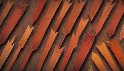 Wooden arrow signage elements arranged in a pattern, pointing in various directions, symbolizing choice and direction.