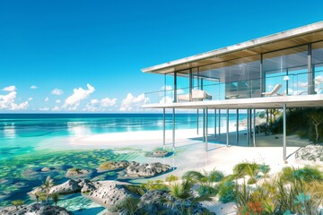 Fototapeta premium : A coastal 3D house built on stilts with expansive glass walls, overlooking a pristine sandy beach and crystal-clear ocean under a clear blue sky.