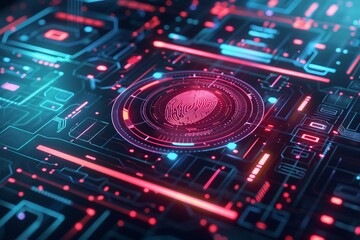 Fototapeta premium Biometric security device with fingerprint scanner, holographic interface showing user data, futuristic design, dark background with neon accents 