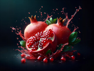 Fresh and Juicy Explosion of Pomegranate Juice with Pomegranate on a Dark Background