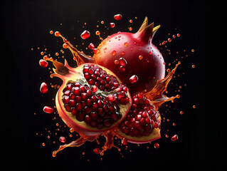 Fresh and Juicy Explosion of Pomegranate Juice with Pomegranate on a Dark Background