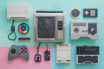 Flat Lay of Iconic 90s Technology and Gaming Consoles