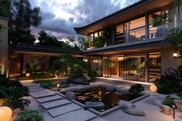 Obraz premium : A luxurious 3D house with a modern architectural design, featuring a private courtyard with a koi pond and Zen garden, evening lighting adding warmth.