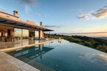 Obraz premium : A luxurious, contemporary villa with an open-plan design and infinity pool, situated on a hillside with panoramic views of the surrounding countryside.