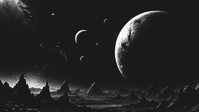 Deep space science fiction background with fantasy alien planet landscape and huge planet on the horizon in stippling style. Dotwork. Pointillism. Noisy grainy shading using dots. Vector illustration