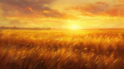 Obraz premium Golden wheat field, sunset glow, gently swaying, warm and serene, high resolution, digital painting