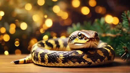 Obraz premium Cute snake with expressive eyes against the background of a Christmas tree and blurred bokeh. 2025 New Year snake symbol, illustration for calendar, greeting card design