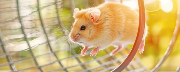 Hamster running on a wheel in a modern cage, bright and clean environment, high detail, realistic style, energetic mood