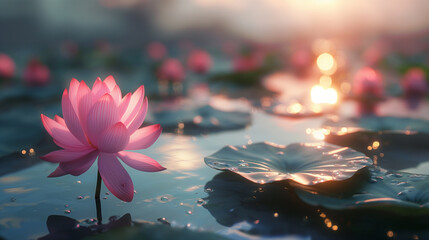 lotus flower in the bond at sunset  - Powered by Adobe