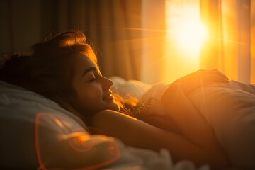 Woman laying in bed with sun shining through window