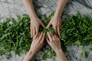 Fototapeta premium Two hands reaching for a bunch of green arugula leaves