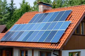Fototapeta premium Modern house with solar panel. Renewable energy technology