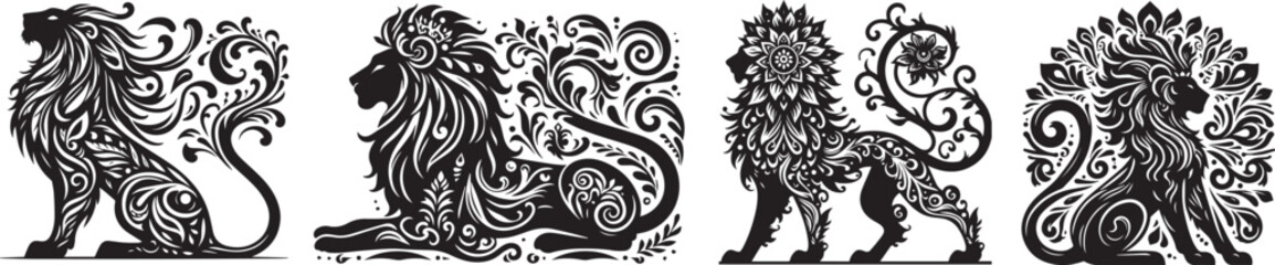 lion floral decoration pattern, black vector with transparent background, monochrome silhouette illustration, decorative shape sketch for laser cutting engraving print