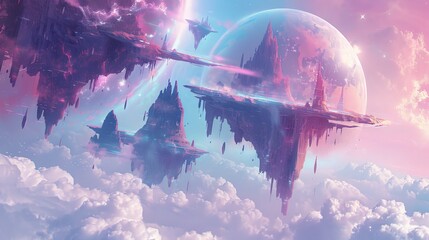 Surreal pastel galaxy with floating islands, fantasy, pastel shades, digital art, ethereal and otherworldly