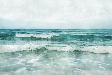 Tranquil seascape, muted blues and greens, watercolor style, gentle waves, calm