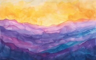Vibrant sunset sky over mountains, nature, warm hues, watercolor, serene and majestic