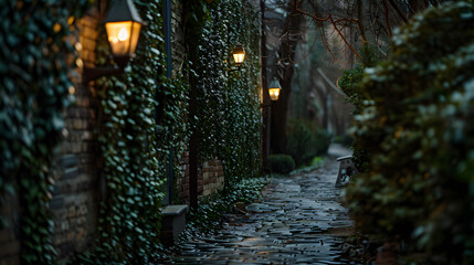 A secluded alley in a historic district with ivy-covered walls and antique lamps.