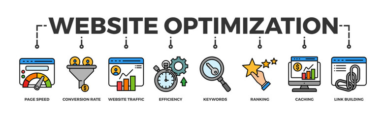 Website optimization banner web icon vector illustration concept with icon of page speed, conversion rate, website traffic, efficiency, keywords, ranking, caching, link building