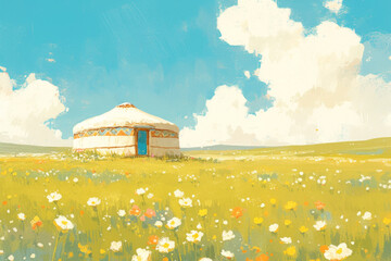 An illustration of traditional yurt on the meadow.