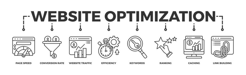 Website optimization banner web icon vector illustration concept with icon of page speed, conversion rate, website traffic, efficiency, keywords, ranking, caching, link building