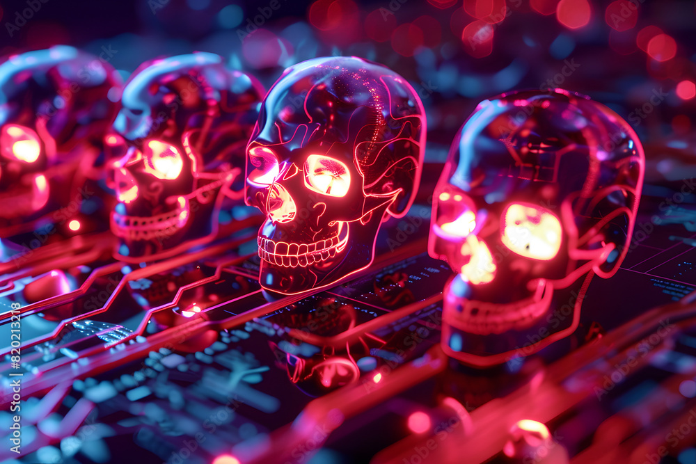 Poster digital cybercrime concept with glowing neon skull symbols representing malware and hacking threats.