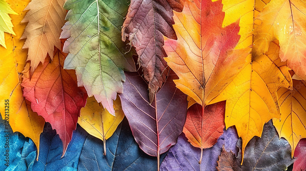 Poster a rainbow-hued arrangement of multicolored leaves with varying shapes and sizes is displayed