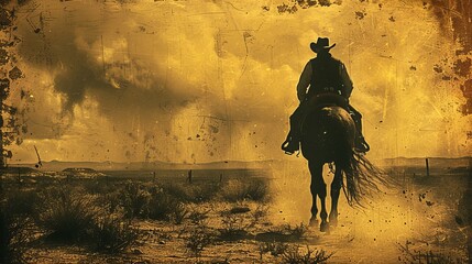 Journey of the Lone Cowboy: Vintage Cowboy Riding Horse in Sepia Desert Landscape with Dramatic Lighting and Textured Details