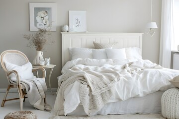 Minimalist bedroom interior design with white bed and chair