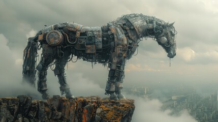 Naklejka premium Steampunk Dark Horse Mustang Clad in Metallic Armor Overlooking Dystopian World - Digital Art Illustration on Cliff Edge