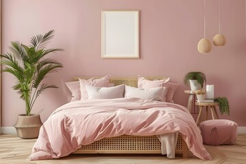 Pink bedroom interior design with wicker bed. Wall painting mockup