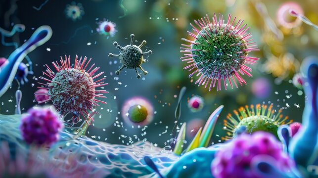 A microscopic view of T-cells attacking a virus, realism, high detail, vibrant colors, scientifically accurate depiction