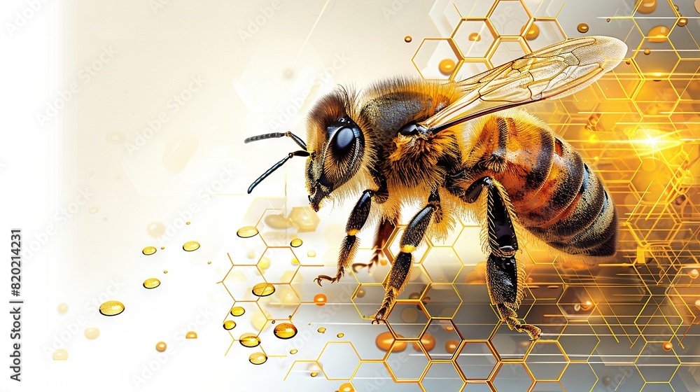 Poster bee on honeycomb - a detailed image of a bee perched atop a honeycomb, surrounded by additional hone