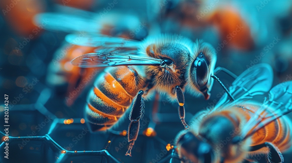 Poster a sharp focus of a honeybee on a honeycomb with other bees in the hazy background