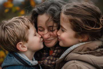 Loving mother and her cute kissing childs. International kissing day th July