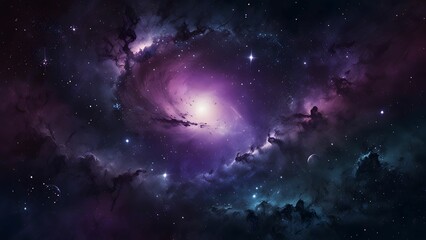 Galactic Serenity: Create a mystical, ethereal abstract image with deep purples, midnight blues, shimmering silvers, starbursts, nebula-like swirls, faint constellations, soft glowing gradients