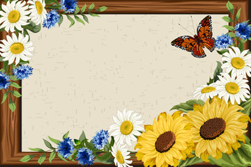 Wooden frame with floral decor.Vector illustration with sunflowers, daisies and cornflowers in a wooden frame decor.