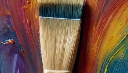 A close-up of a paintbrush resting on a canvas covered in multicolored vibrant paint strokes.