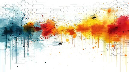   A white background adorned with an array of orange and yellow paint splatters forms the base of the image, while a bee rests at the bottom