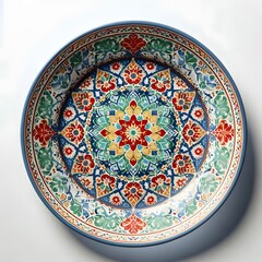 Naklejka premium Moroccan ceramic plate painted with vibrant geometric patterns