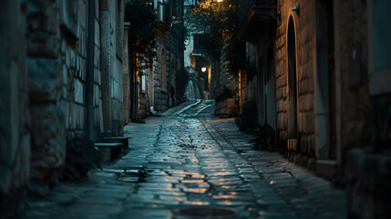 Fototapeta premium A stone-paved alley in an ancient city flanked by historic buildings and dim streetlights.