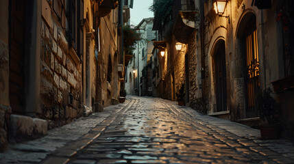 A stone-paved alley in an ancient city flanked by historic buildings and dim streetlights.