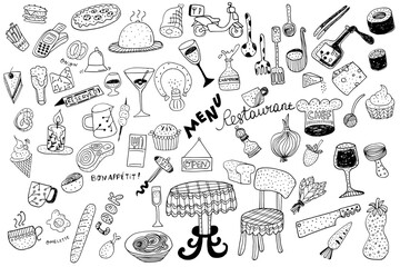Restaurant, Caf&eacute; , Bon App&eacute;tit Doodle Line Art Illustration. Set. Hand Drawn Pencil Vector Clip Art.