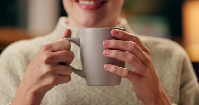Relax, smile and hands of woman with coffee in house for comfort, smell or me time at night with bokeh. Tea cup, aroma and happy girl in living room for evening chilling, unwind or drinking break