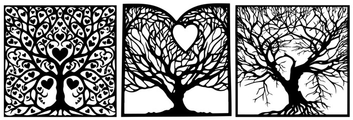 Tree and heart decoration with a pattern of branches inside, black vector with transparent background, monochrome silhouette illustration, decorative shape sketch for laser cutting engraving print