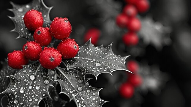   A collection of red berries resting atop a monochrome flora with water droplets adorning its foliage